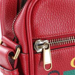 GUCCI 523591 Logo Print Red Leather Zip Messenger Crossbody Bag